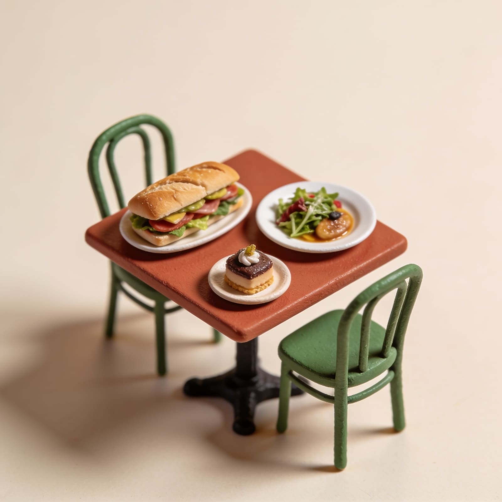 Tavolo con panino gourmet, insalata, piatto del giorno e dessert artigianale