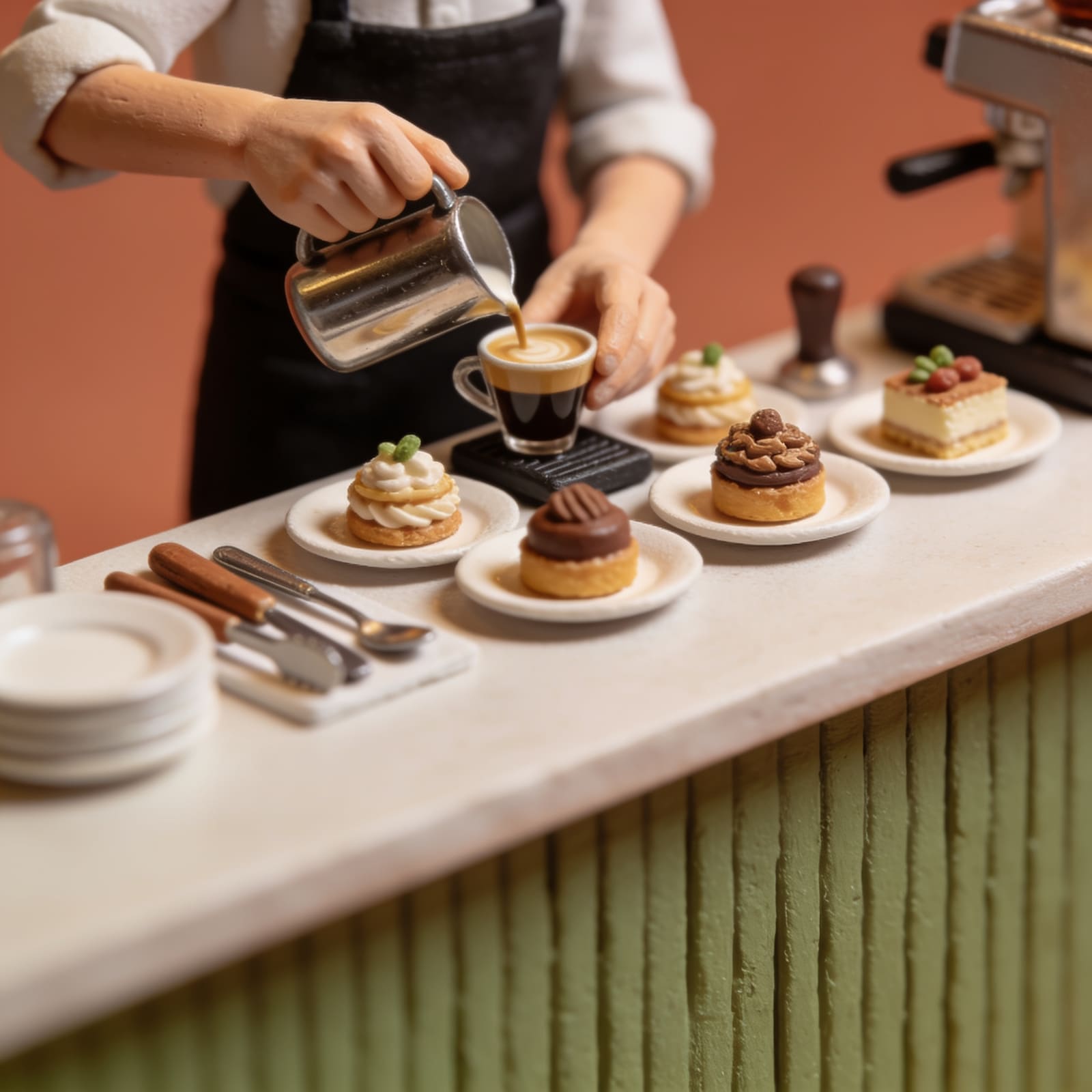 Mani del personale mentre preparano caffè e dessert al banco